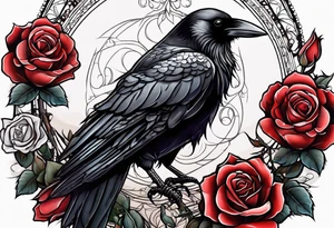 Crow standing holding a red rose tattoo idea