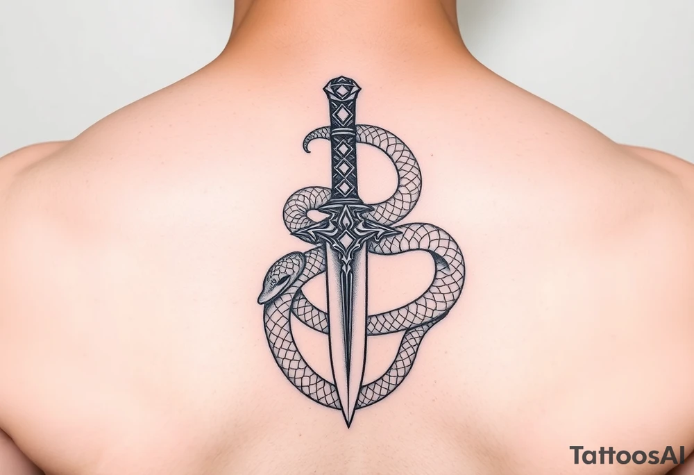 mystical snake coiled around an ancient dagger with jeweled hilt tattoo idea