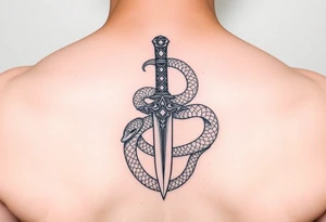 mystical snake coiled around an ancient dagger with jeweled hilt tattoo idea