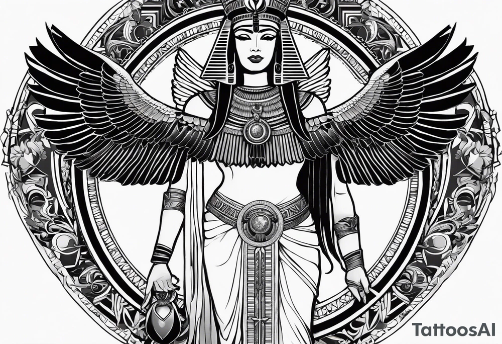 blank and white Egyptian goddess Isis, who is often depicted as a woman with outstretched wings, holding an ankh (a symbol of life) in one hand and a lotus flower in the other. Her headdress often includes a throne or a solar disk. The tattoo design can vary in style and size, but it typically aims to capture the essence of this revered Egyptian deity, emphasizing her beauty, power, and maternal qualities. The choice of colors and additional elements can also be customized to create a unique and visually striking representation of the goddess Isis tattoo idea
