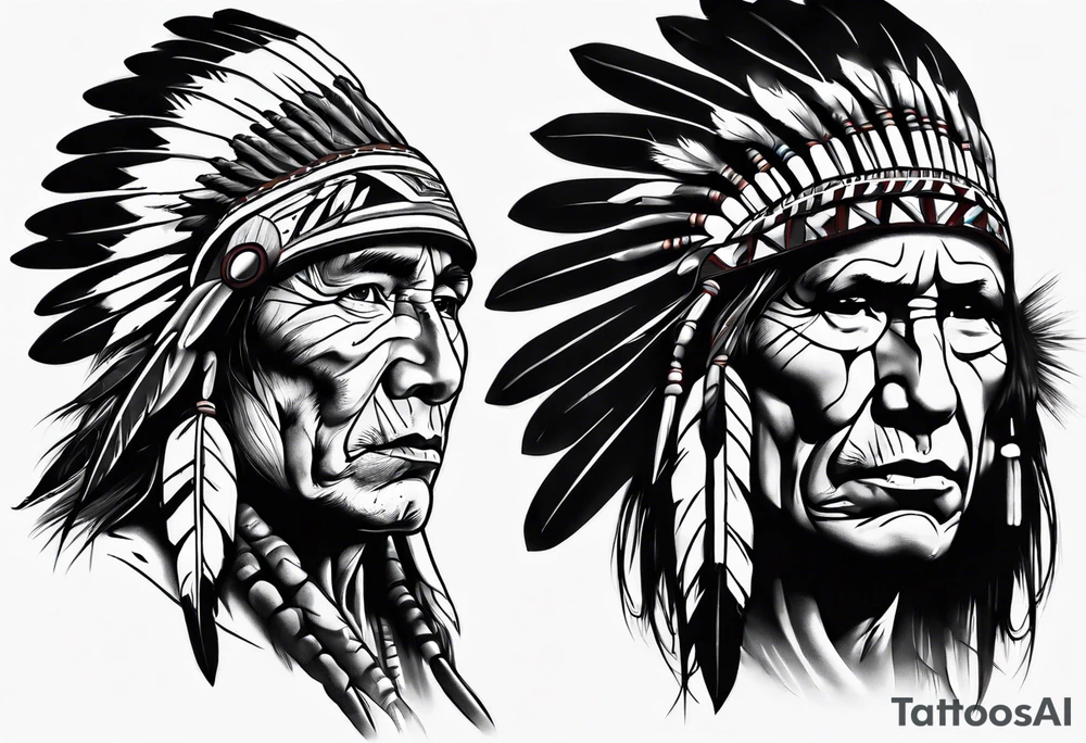 Native American theme man face photorealism tattoo idea