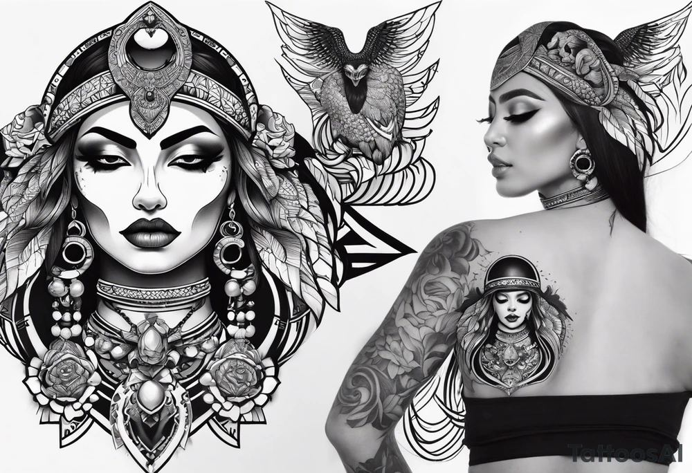 kali ma, alien goddess, valkrye, aries, pirate, divine feminine, zenza resonance, pachamama, lotus azul, blank panther, eagle, skull, 5D, nueva gaya, dna 12, left side chest tatoo tattoo idea