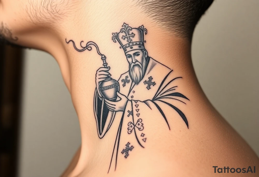 A Russian Orthodox Priest in full gold vestments swinging a censer with smoke curling upward 

The ornate robes give incredible fine line detail
The incense smoke could flow and connect to other elements
It ties directly into the church and Virgin Mary you already have
Very culturally authentic to the overall theme tattoo idea
