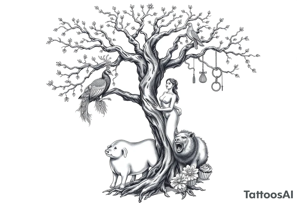 mystical tree  with cosmic  branches fat naked sexy woman , peacock , pig , cupcakes, liquor, cigerette, Storm clouds, pig, peacock , fat sexy naked fat woman, cupcakes, noose , money, goat lion, couple having sex, cigerette storm lightening, killing, darkness death, violent majestic creatures and fat naked girl tattoo idea
