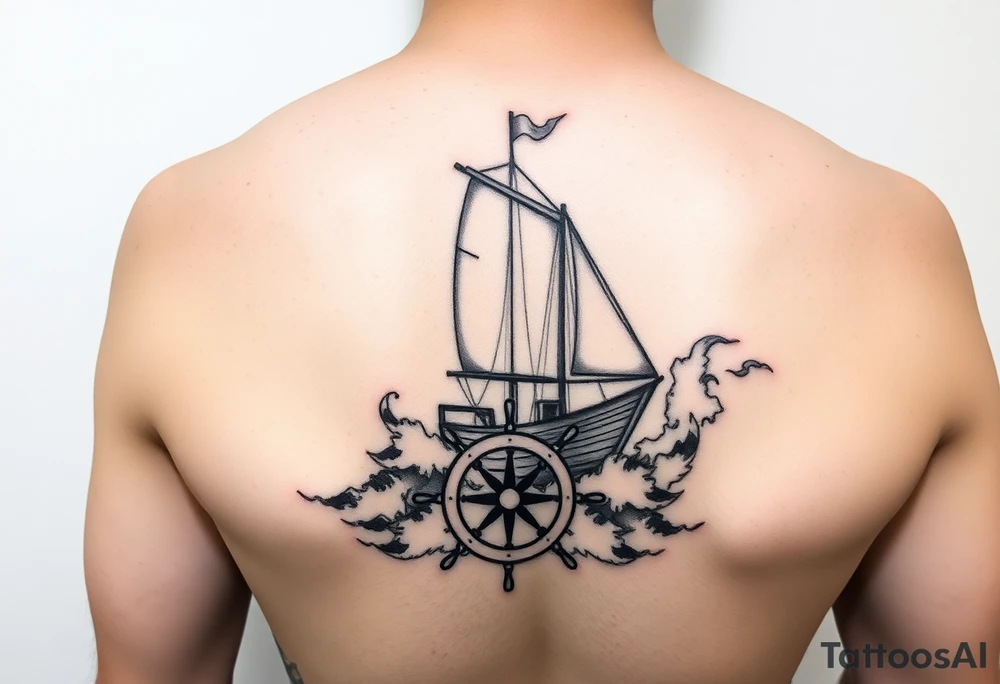 Forearm tattoo: an old sail boat surrounded by big waves and then on the wrist it will be the steering wheel of the boat but the inside will be a compass tattoo idea