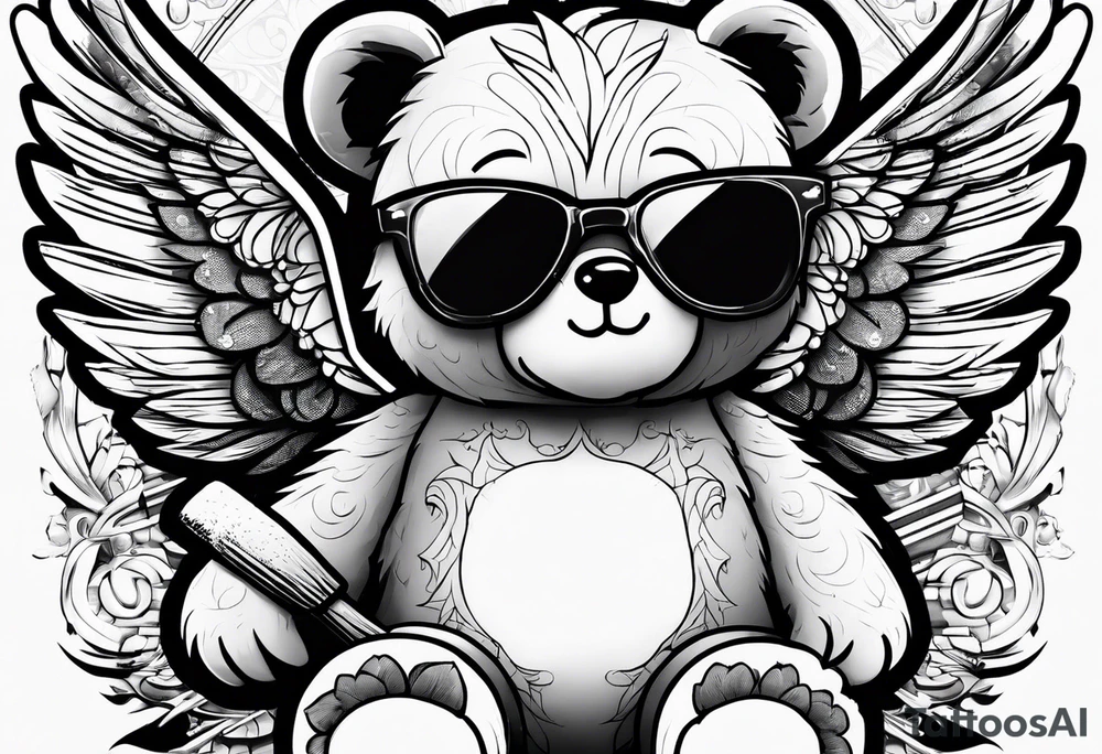 Teddy bear with wings wearing big sunglasses holding a hammer tool tattoo idea