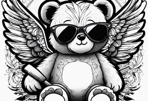 Teddy bear with wings wearing big sunglasses holding a hammer tool tattoo idea