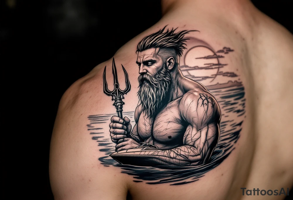 young, happy, fit, short hair, poseidon in calm water, holding a trident, drinking a beer, with sunset, with ski boat tattoo idea