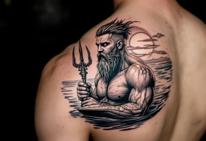 young, happy, fit, short hair, poseidon in calm water, holding a trident, drinking a beer, with sunset, with ski boat tattoo idea