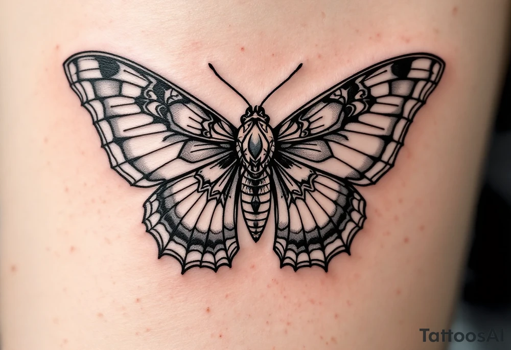 A delicate moth with intricately patterned wings. The wings are outlined in fine black ink in old chool style tattoo idea