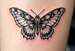 A delicate moth with intricately patterned wings. The wings are outlined in fine black ink in old chool style tattoo idea