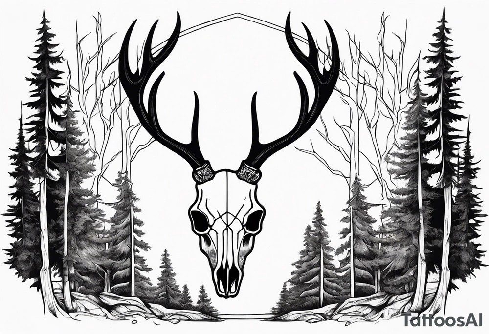side profile of a deer skull JUST BONE surrounded by a flames and trees tattoo idea