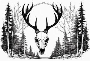 side profile of a deer skull JUST BONE surrounded by a flames and trees tattoo idea