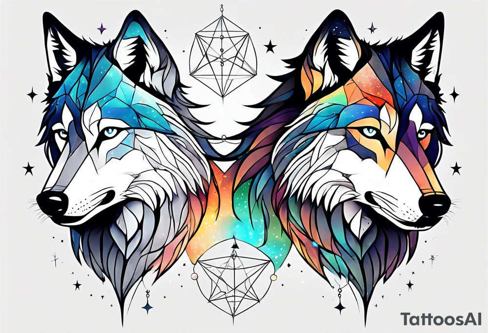 Constellation, two animal wolf, géométric tattoo idea