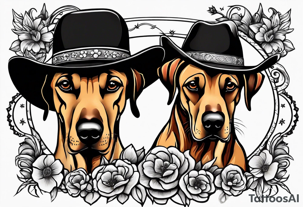 Two Rhodesian ridgebacks wearing a cowboy hat with flowers in the background tattoo idea