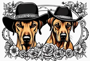 Two Rhodesian ridgebacks wearing a cowboy hat with flowers in the background tattoo idea