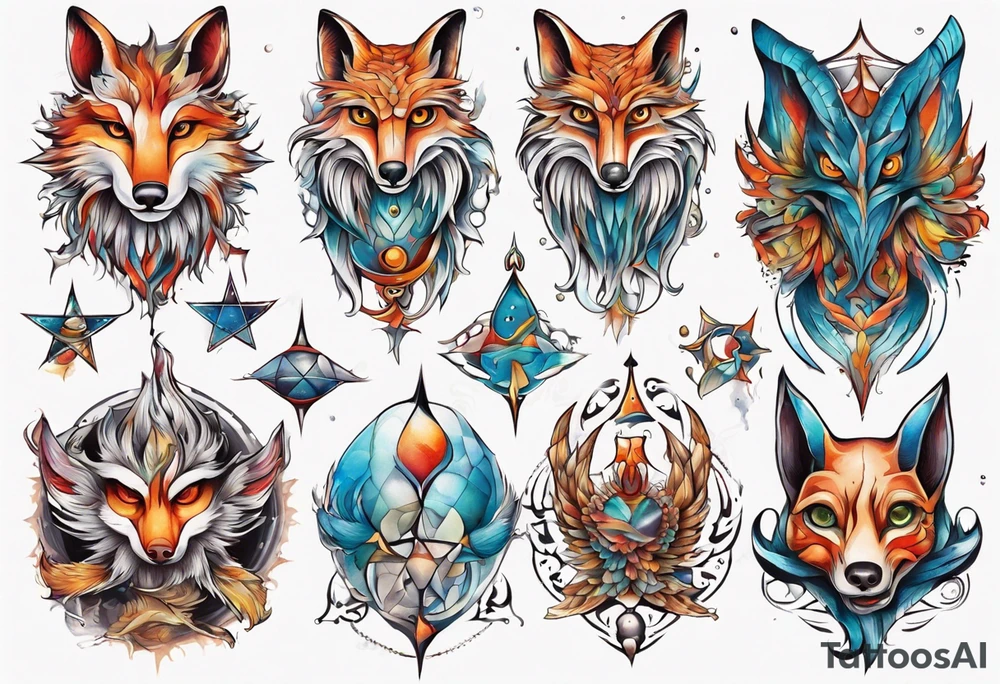 fisch, fuchs und eule , symetrie universum, bunt tattoo idea