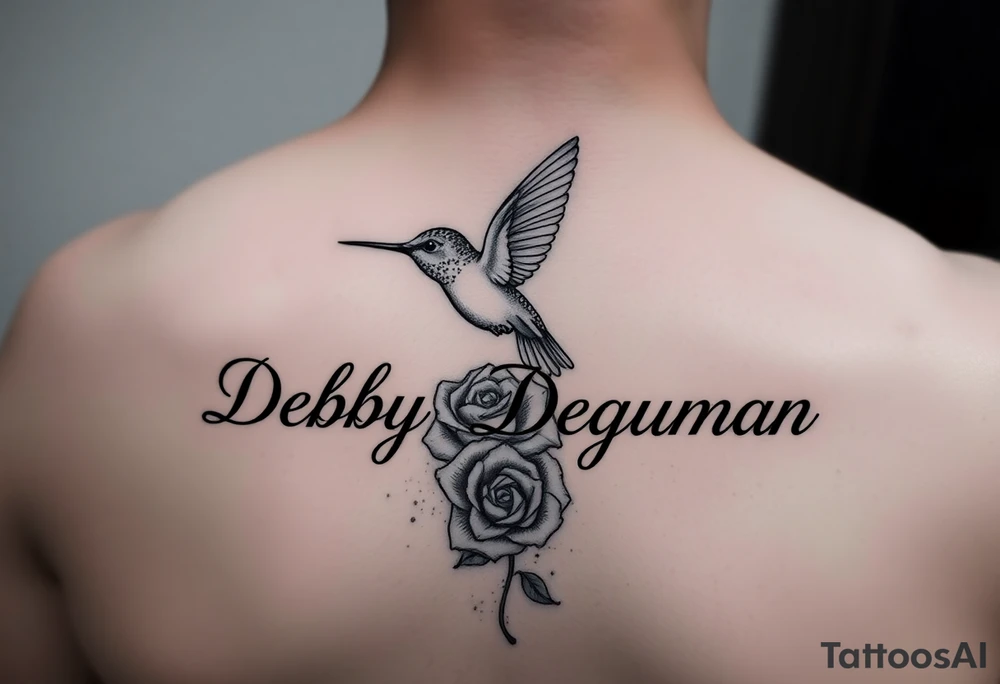 A tattoo with the name Debby Deguzman with a humming bird and a rose tattoo idea