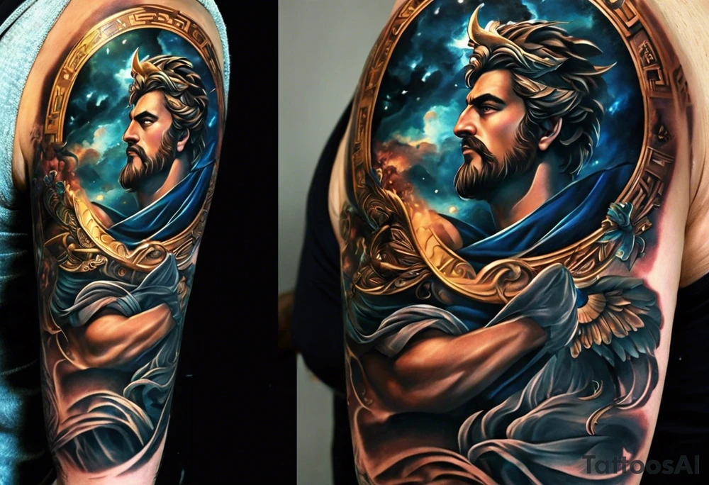 Im a businessman and I had a very long and hard time, chasing my dreams, not giving up, hard work, dedication, focus, heart broken, recovered, pushing hard, got broke and gained again. I like greek gods and I want a full sleeve tattoo exactly telling me the story of my life tattoo idea