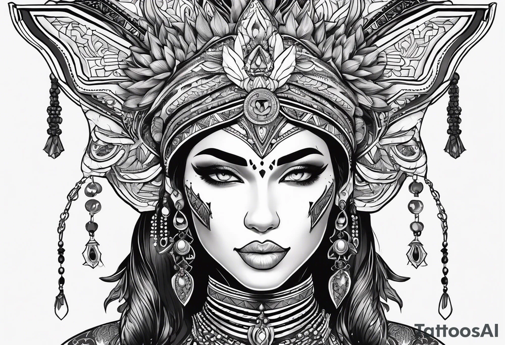 kali, alien goddess, valkrye, pirate, zenza, lotus, wing, pachamama, skull, black panther tattoo idea