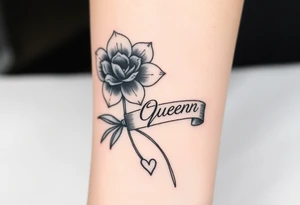 A beautiful flower with a card queen sign and a ribbon tied around the flower with queenie and a small heart tattoo idea