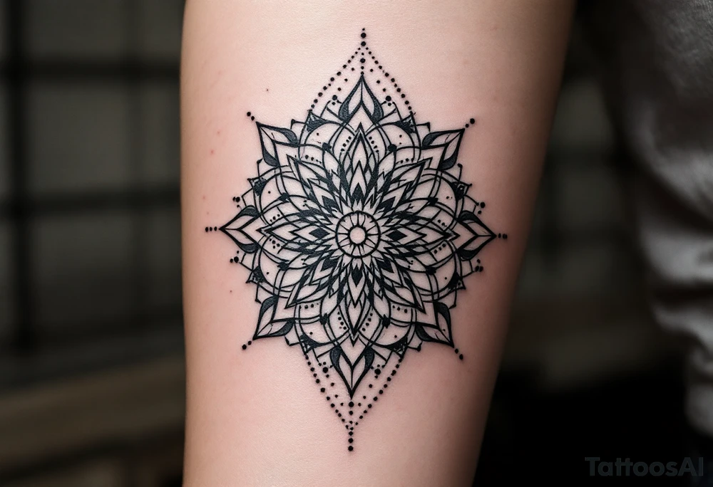 simple, minimalist tattoo, sacred geometry mandala, centerpiece design, dotwork patterns, radiating geometry, symmetrical mandala, geometric shapes, intricate dotwork, sacred patterns, mandala center, geometric radiating, fine line work, black grey shading, minimalist design, no outlines, arm placement, delicate linework, precise geometry, clean symmetry, sacred symbols, geometric precision, dotwork details, mandala focal point, refined patterns, understated complexity, geometric harmony, minimalist tattoo idea