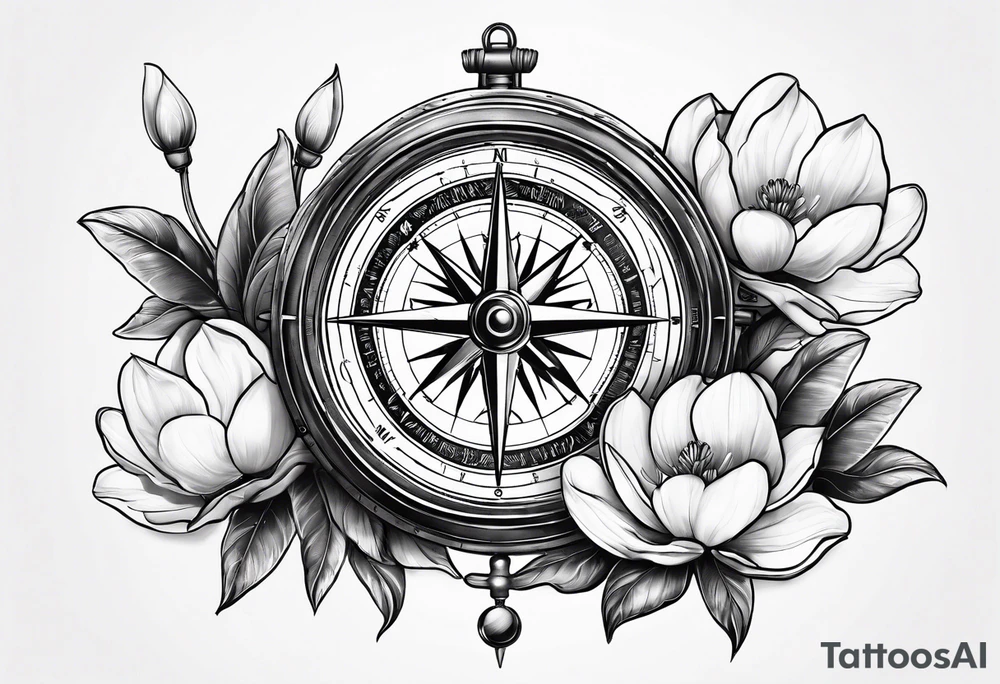 ancient compass with magnolia flowers tattoo idea