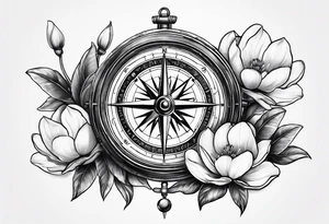 ancient compass with magnolia flowers tattoo idea