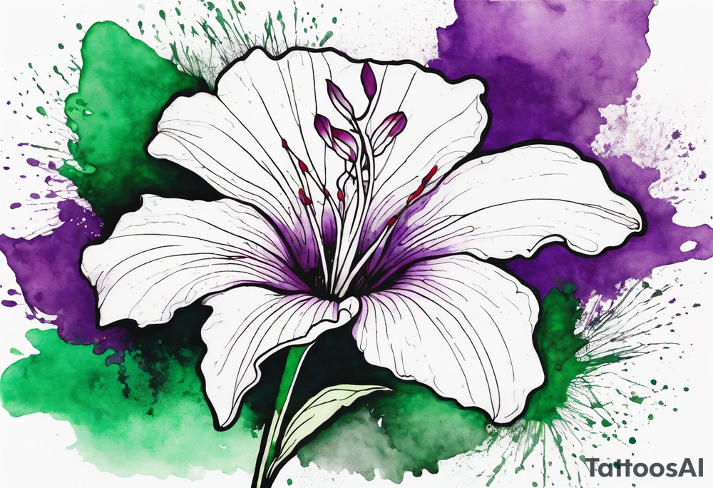 An outline of a rio dipladenia flower with a green and purple watercolor splash in the background tattoo idea