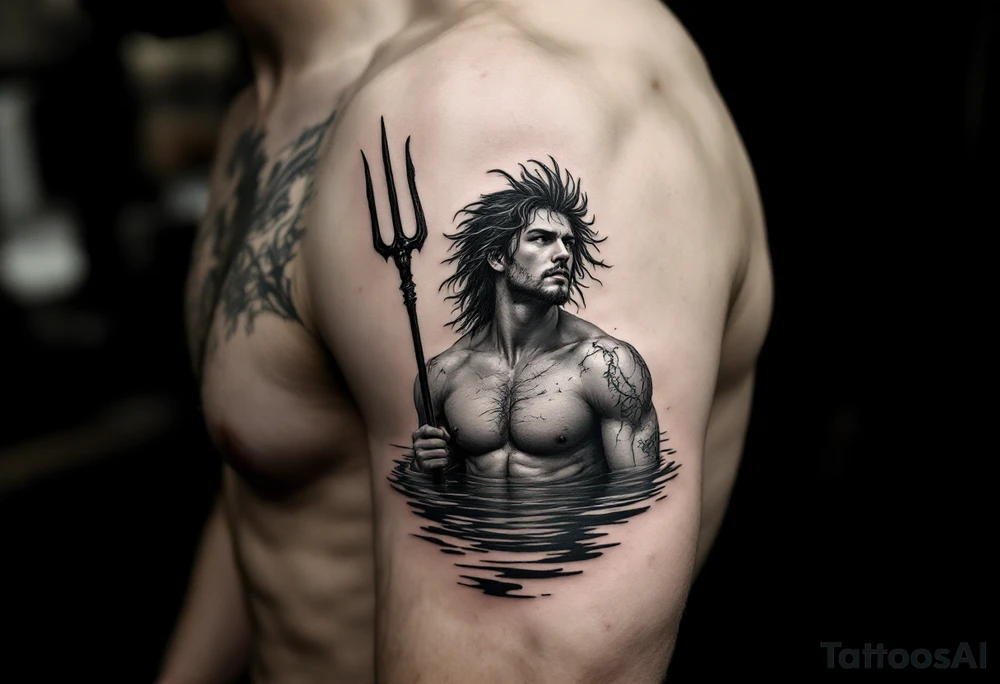 fit young poseidon, with trident, in calm water, looking at the sky tattoo idea