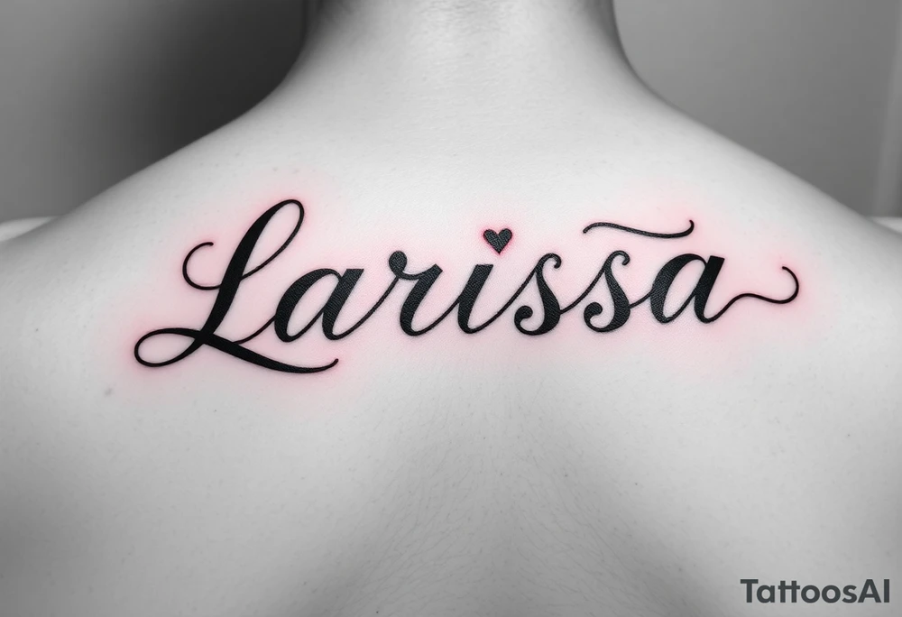 Can you make the name larissa in cursive but in black but put a little heart in above the i and the r and add a faint but visable red glowing around the name tattoo idea