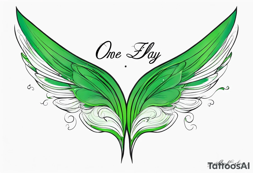 Green fairy wings with text “one day I’ll fly away” tattoo idea