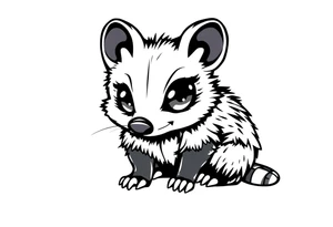 Cute cartoon opossum with anime style eyes, sitting facing forward tattoo idea