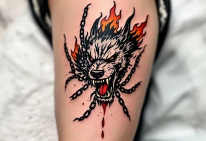 Hellhound with chains and fire – A snarling, three-headed dog surrounded by chains and licking flames, in black, burnt orange, and blood red. tattoo idea