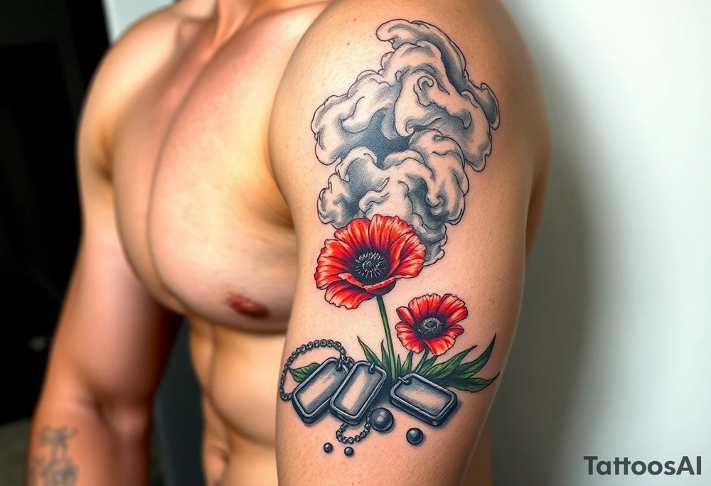 War zone with 2 poppy’s growing out of the smoke with dog tags laying on the ground tattoo idea