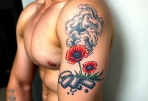 War zone with 2 poppy’s growing out of the smoke with dog tags laying on the ground tattoo idea