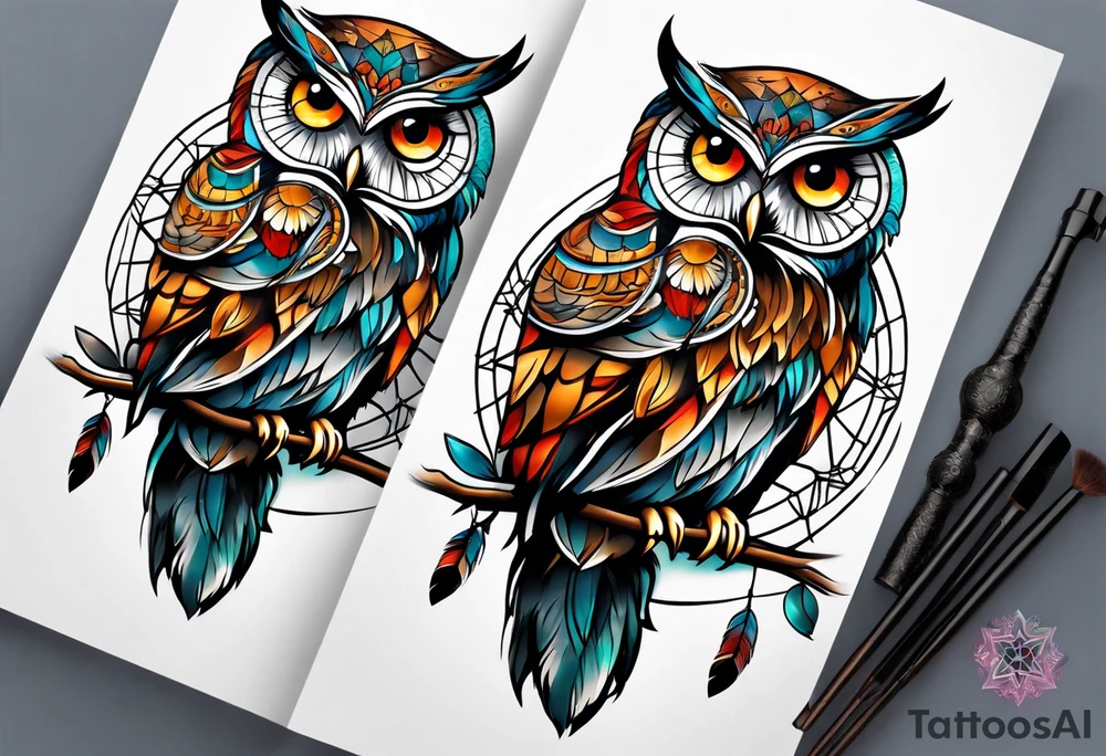 Owl and dreamcatcher back of calf sleeve tattoo idea