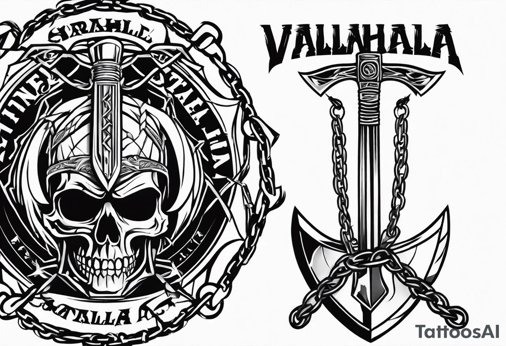 Valhalla sword round
shield axe barbed wire chains dark cloud lightning tattoo idea
