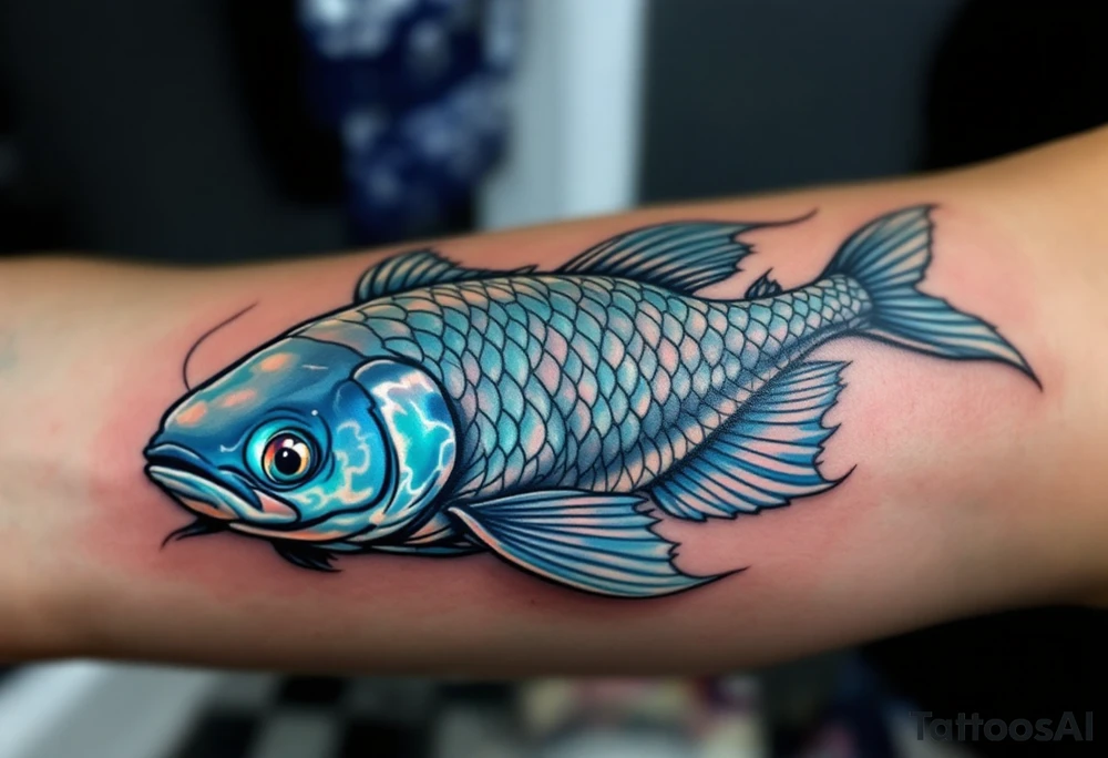 Catfish in Motion – A sleek, dynamic catfish swimming with silvery-blue scales, accented by soft teal fins and rippled water lines in the background. tattoo idea