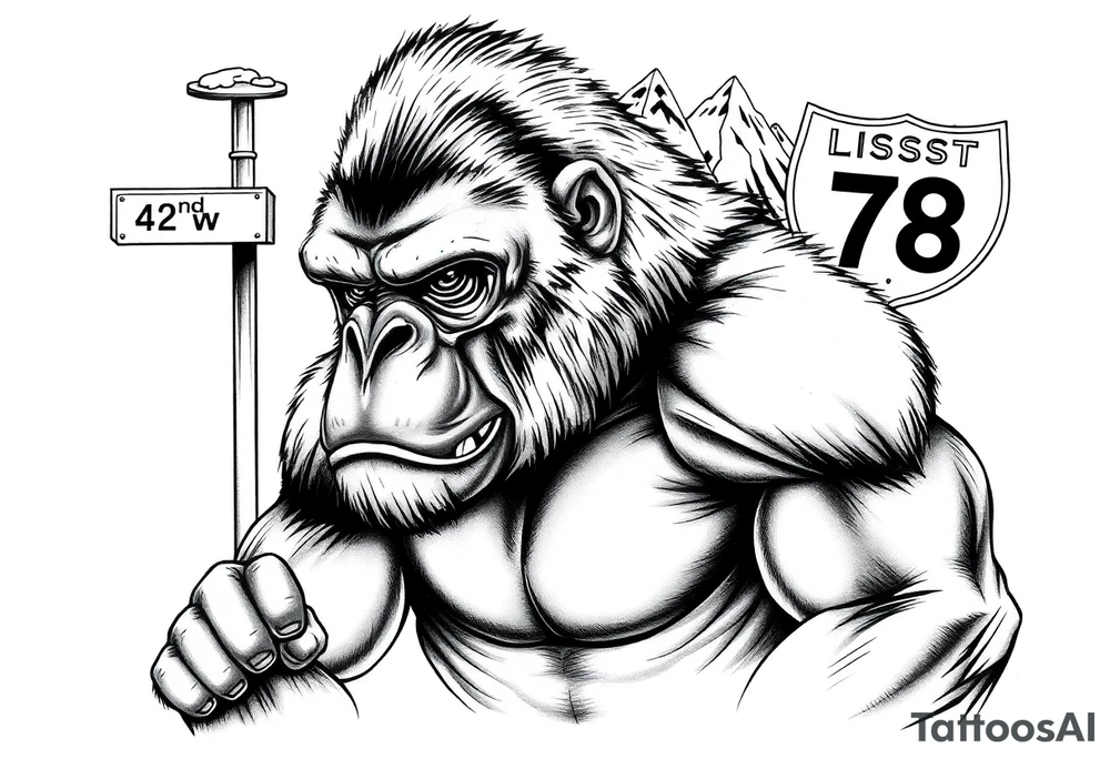 powerful aggressive gorilla with a street sign with a pole on the left that says 42nd st w, a highway sign on the right that says highway 78 and pyramids above the ape’s head that have snow on them all in close proximity. tattoo idea