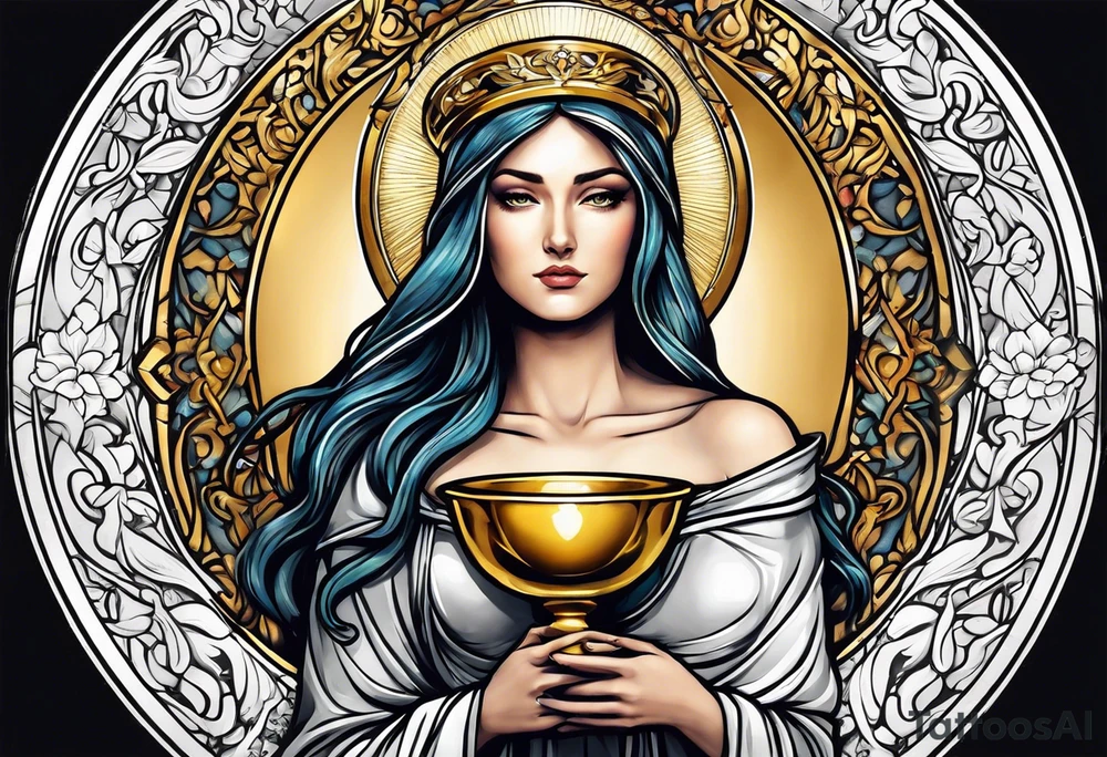 holy saint woman with golden halo holding a chalice tattoo idea
