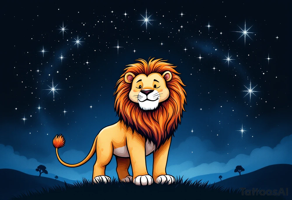 A proud lion stands under a night sky shaded in navy, with the Leo star constellation highlighted in silver stardust above. tattoo idea