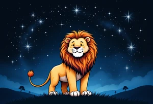 A proud lion stands under a night sky shaded in navy, with the Leo star constellation highlighted in silver stardust above. tattoo idea