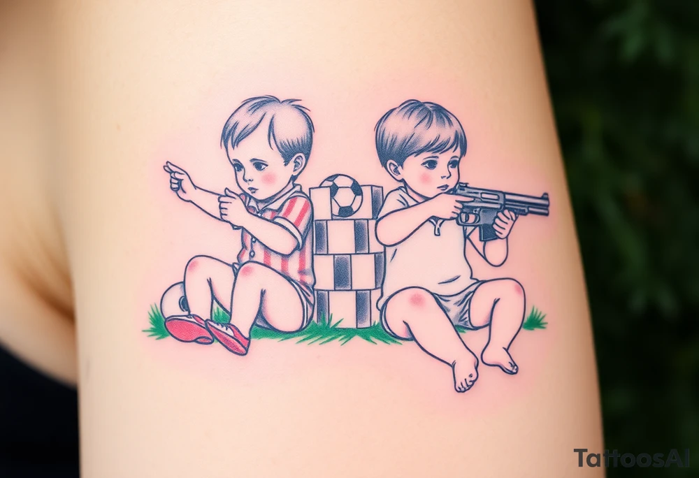 Due bambini, in stile realistico, colorato, seduti sull'erba, divisi da un muro di mattoni, uno piange mentre gioca con la palla, l'altro ride mentre si spara in bocca con la pistola dentro la bocca tattoo idea