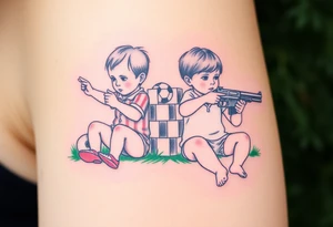 Due bambini, in stile realistico, colorato, seduti sull'erba, divisi da un muro di mattoni, uno piange mentre gioca con la palla, l'altro ride mentre si spara in bocca con la pistola dentro la bocca tattoo idea