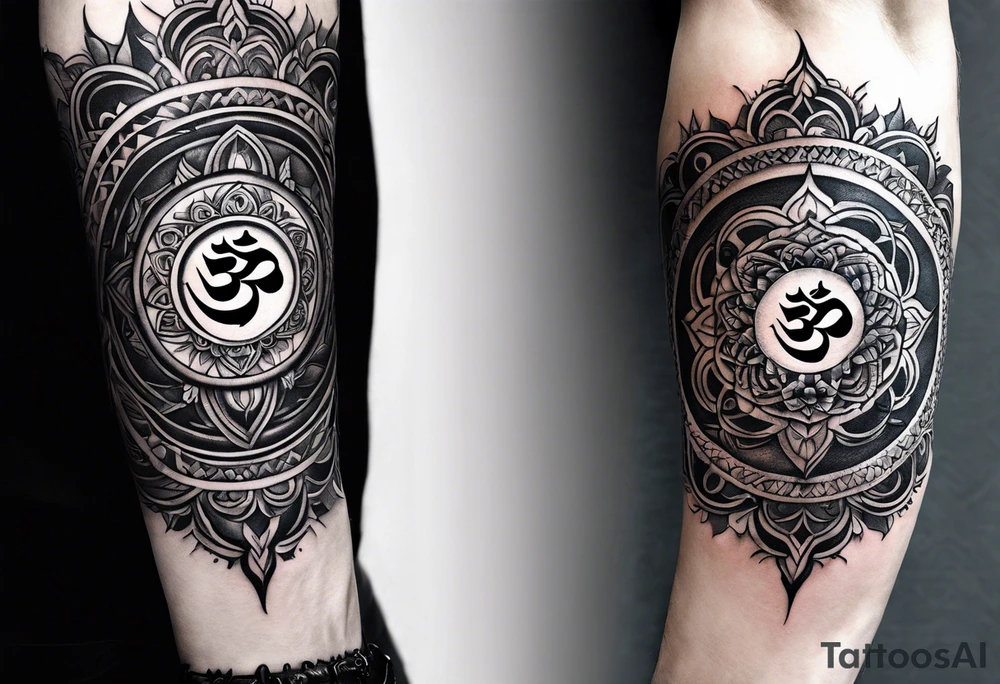 Spiritual forearm sleeve tattoo centred around the Sanskrit Om symbol for breathe tattoo idea
