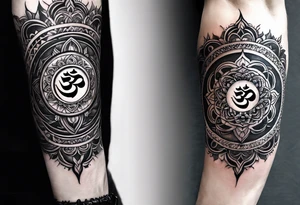 Spiritual forearm sleeve tattoo centred around the Sanskrit Om symbol for breathe tattoo idea