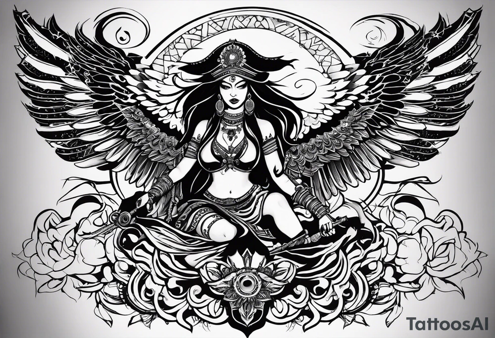 black kali, goddess pirate, alien, angel, pachamama, valkrye, warrior, flying, skull, lotus azul, wing, eagle, zenza resonance, stars, 5D, anahata chakra, death, durga, riding on a tiger, flying lady tattoo idea