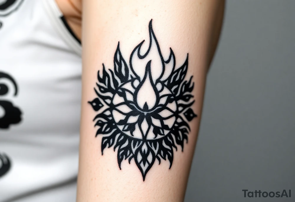 flame in a blooming roots circle tattoo idea