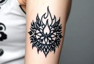 flame in a blooming roots circle tattoo idea
